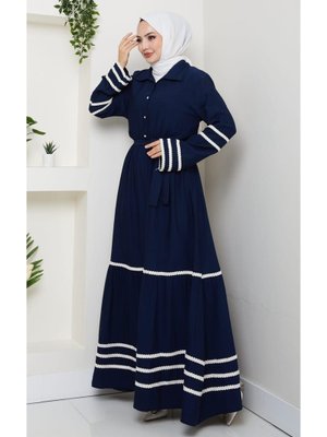 Çilek Kumaş Şerit Detaylı Kuşaklı Lacivert Elbise