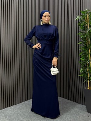 Lacivert Zeyna Kol Tüylü Abiye Elbise