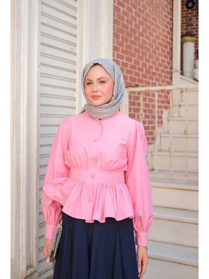 Pembe Beli Büzgü Detaylı Gömlek