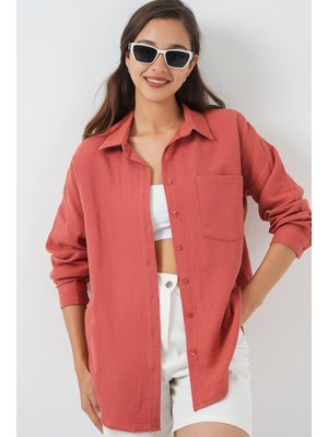 Somon Tek Cepli Oversize Müslin Gömlek Somon Tek Cepli Oversize Müslin Gömlek