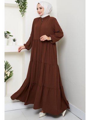 Kahve Kat Detaylı Fermuarlı Ferace