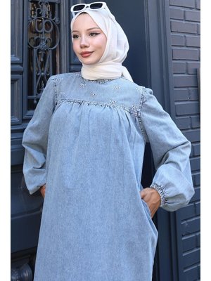 Açık Mavi Kar Yıkamalı Robalı Kot Elbise Açık Mavi Kar Yıkamalı Robalı Kot Elbise