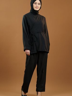 Siyah Bağlamalı Kimono İkili Takım Siyah Bağlamalı Kimono İkili Takım
