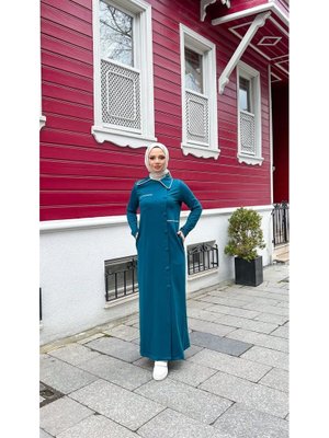 Koyu Petrol Yakalı Cepli Yandan Düğmeli Pamuklu Uzun Ferace