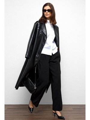 Siyah Düşük Kol Fermuar Kapamalı Oversize Deri Trençkot