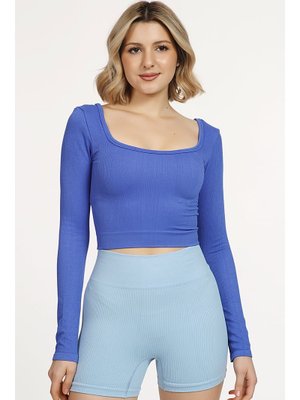 Seamless Straplez Uzun Kollu Fitilli Büstiyer Mavi