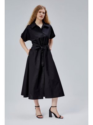 Siyah Boydan Düğmeli Gömlek Yaka Poplin Elbise