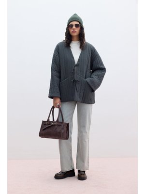 Antrasit Kapitone Bağlamalı Mont