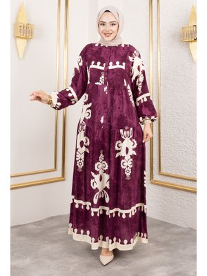 Mürdüm Düğmeli Viskon Elbise