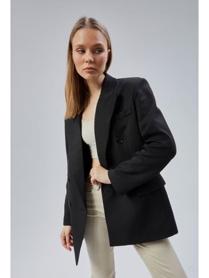 Siyah Oversize Kruvaze Yaka Astarlı Blazer Ceket
