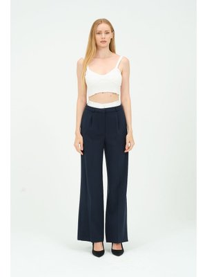Lacivert Garni Detaylı Yüksek Bel Palazzo Pantolon Lacivert Garni Detaylı Yüksek Bel Palazzo Pantolon
