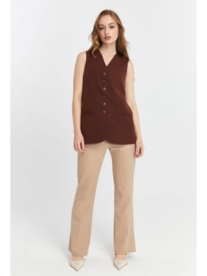 Kahverengi Düğmeli Regular Astarlı Dokuma Yelek