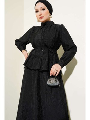 Siyah Kırışık Dokulu Kuşaklı Etekli Takım Siyah Kırışık Dokulu Kuşaklı Etekli Takım