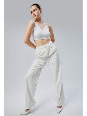 Ekru Regular Kalıp Dokuma Palazzo Pantolon