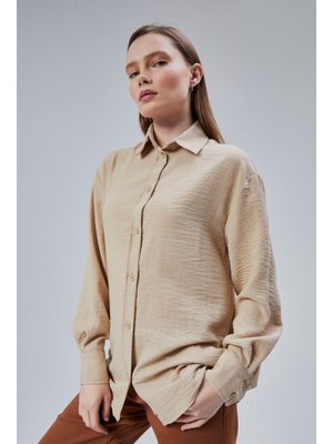 Bej Salaş Kalıp Keten Gömlek