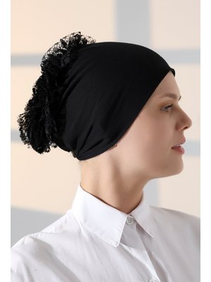 Siyah Fırfırlı Güpürlü Topuz Bone Siyah Fırfırlı Güpürlü Topuz Bone