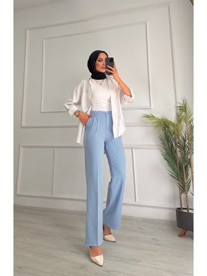Mavi Dabıl Pileli Palazzo Pantolon