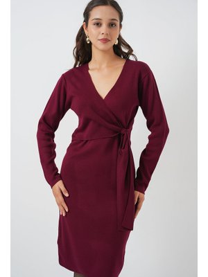 Bordo Kruvaze Yaka Triko Elbise Bordo Kruvaze Yaka Triko Elbise