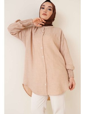 Bej Nervür Detaylı Salaş Gömlek Bej Nervür Detaylı Salaş Gömlek