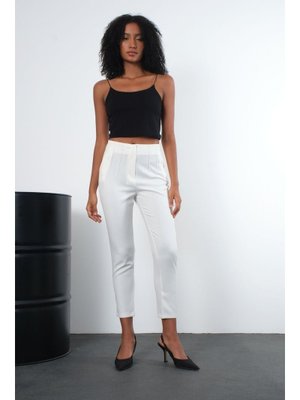 Ekru Yüksek Bel Dar Paça Dokuma Pantolon
