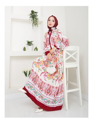 Kırmızı Çok Renkli Etnik Desenli Elbise Kırmızı Çok Renkli Etnik Desenli Elbise