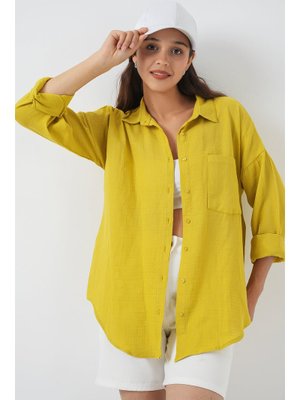 Hardal Tek Cepli Oversize Müslin Gömlek Hardal Tek Cepli Oversize Müslin Gömlek