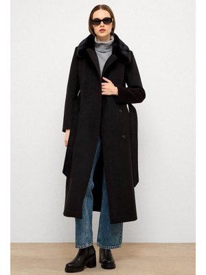 Siyah Yakası Çıkabilen Kürklü Punto Dikiş Detaylı Premium Uzun Kaban
