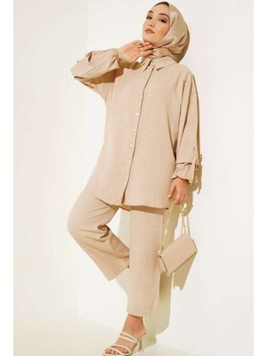 Bej Düğmeli Keten İkili Takım