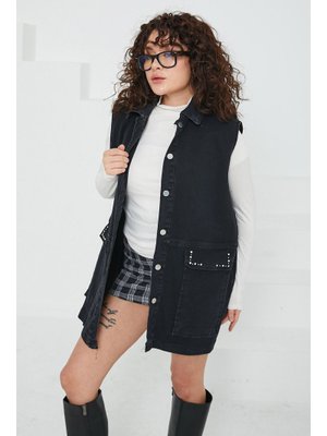 Antrasit Koyu Antrasıt Geniş Cep Taş Detay Kot Yelek