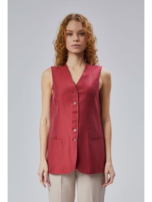 Bordo V Yaka Astarlı Düğmeli Keten Yelek
