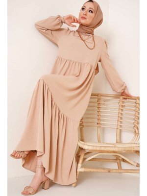 Bej Yakası Büzgü Detaylı Ayrobin Elbise