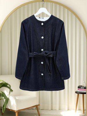 K.laci Kemerli Düğmeli Yuvarlak Yaka Kot Ceket