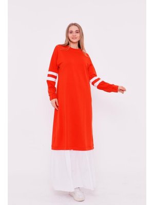 Oranj Gupse Kolları Şeritli Eteği Detaylı Spor Elbise Oranj Gupse Kolları Şeritli Eteği Detaylı Spor Elbise