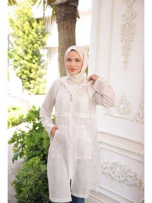 Krem Fermuarlı Kapüşonlu Cepli Uzun Kollu Kap 46)