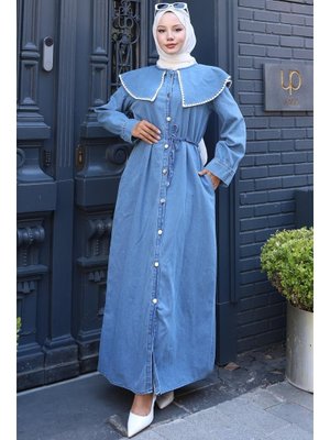 Açık Mavi Yaka Detaylı Boydan Düğmeli Kot Elbise Açık Mavi Yaka Detaylı Boydan Düğmeli Kot Elbise