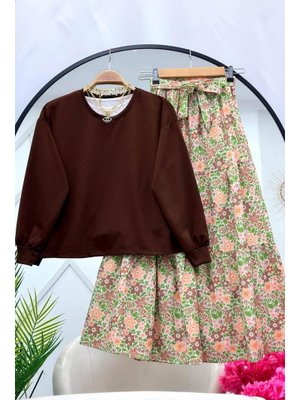 Mor Çiçek Desenli Etekli İkili Takım