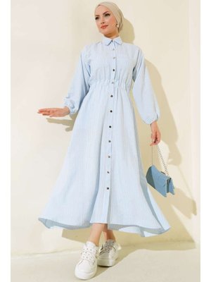 Mavi Boydan Metal Düğmeli Çizgili Elbise