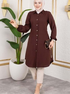 Kahverengi Manşeti Lastikli Viskon Tunik Kahverengi Manşeti Lastikli Viskon Tunik