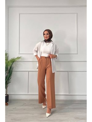 Sütlü Kahve Dabıl Pileli Palazzo Pantolon