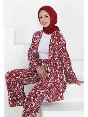 Bordo Desenli Kimono Takım