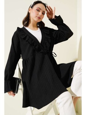 Siyah Fırfırlı Bağlamalı Kimono