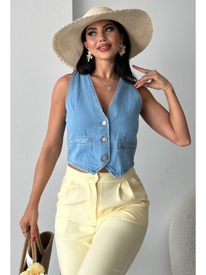 Acık Mavı Flotalı Kot Yelek Acik Mavi