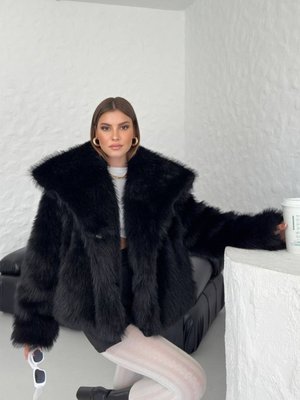 Siyah Oversize Kruvaze Yaka Kürk Mont