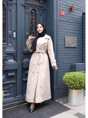 Kuşaklı Çift Düğmeli Astarlı Bondit Vizon Trençkot