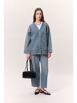 Mavi Düğme Kapamalı Denım Ceket Mavi Düğme Kapamalı Denım Ceket