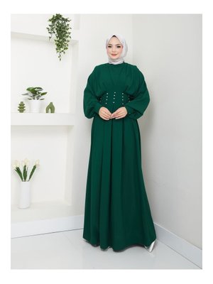Yeşil Balon Kol Pileli Taşlı Elbise