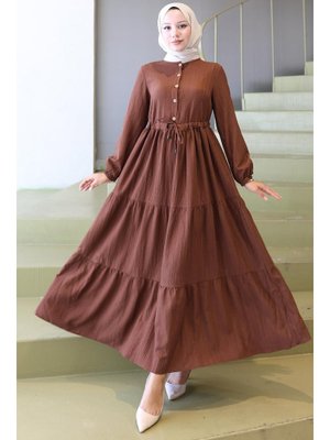 Kahverengi Elisa Büzgülü Düğmeli Elbise Kahverengi Elisa Büzgülü Düğmeli Elbise