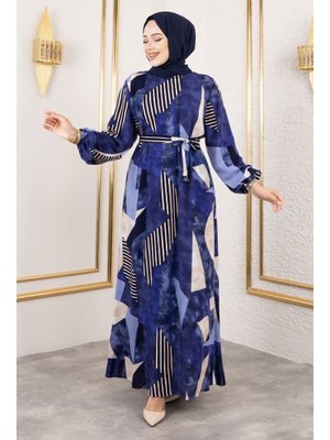 Lacivert Geometrik Desenli Beli Kuşaklı Viskon Elbise