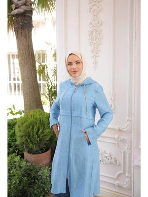 İndigo Fermuarlı Kapüşonlu Cepli Uzun Kollu Kap 46)