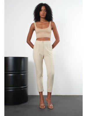 Yüksek Bel Dar Paça Dokuma Pantolon Taş